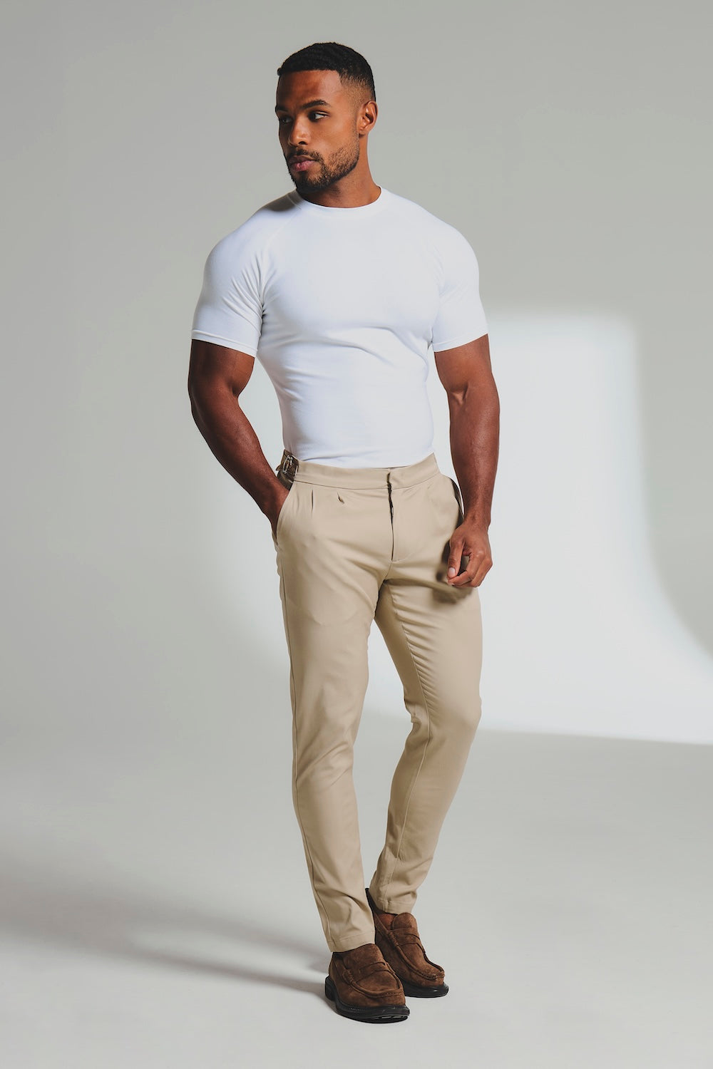 Smart Pleated Cotton Side Adjust Pants in Stone - TAILORED ATHLETE - USA