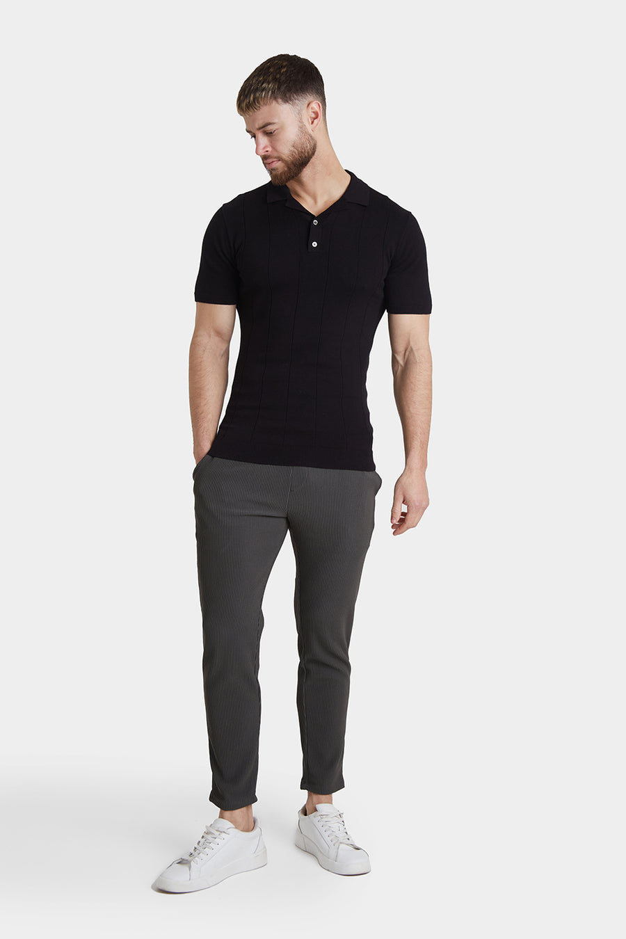 Ribbed Knitted Polo in Black - TAILORED ATHLETE - USA