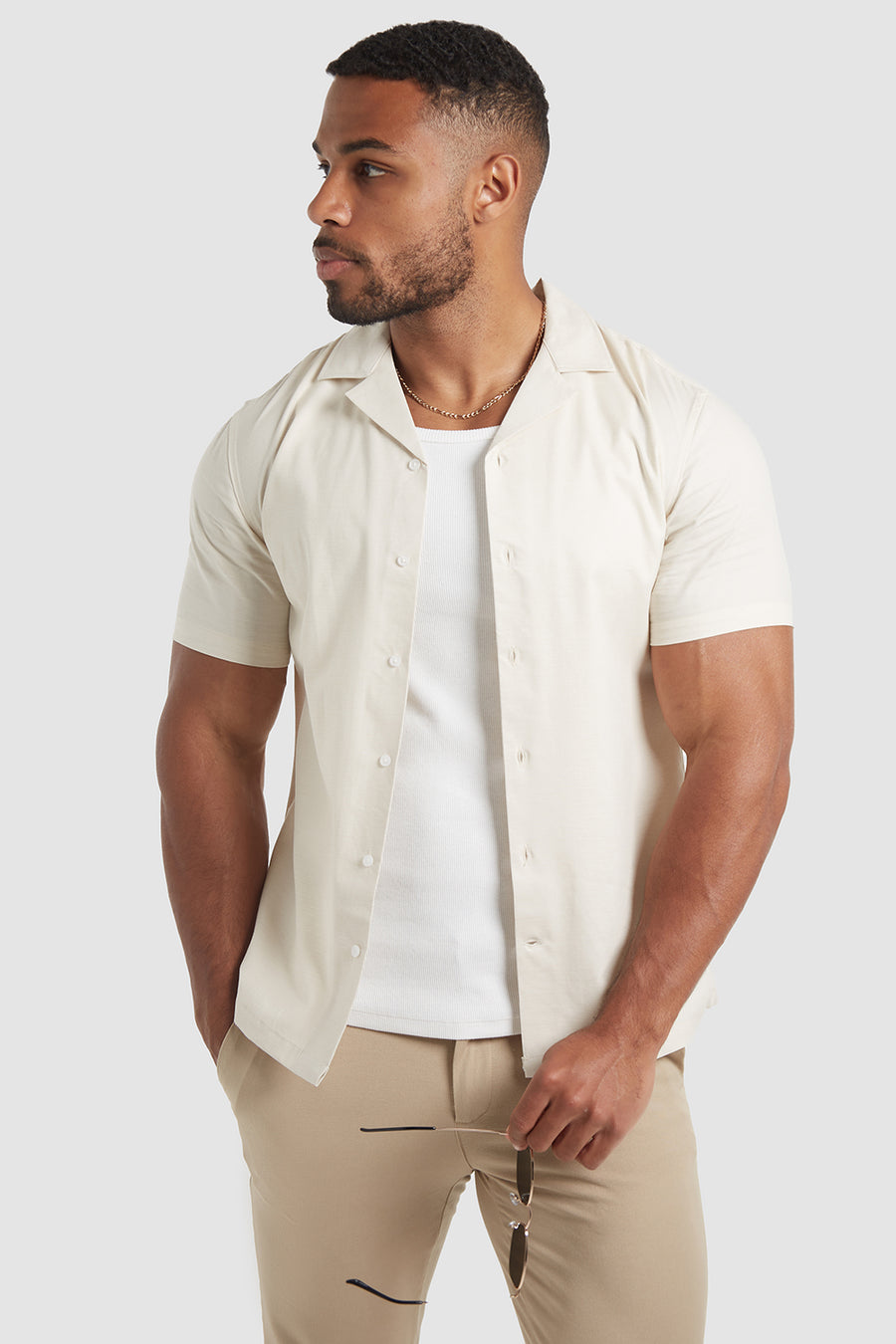 Linen Look Revere Collar Shirt (SS) in Stone - TAILORED ATHLETE - USA
