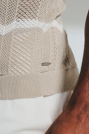 Chevron Textured Knitted Zip Neck Polo Shirt in Stone and Chalk - TAILORED ATHLETE - USA