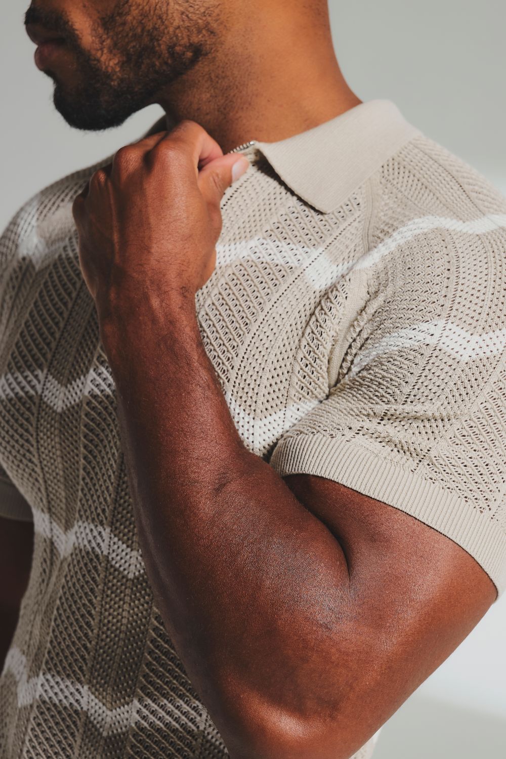 Chevron Textured Knitted Zip Neck Polo Shirt in Stone and Chalk - TAILORED ATHLETE - USA
