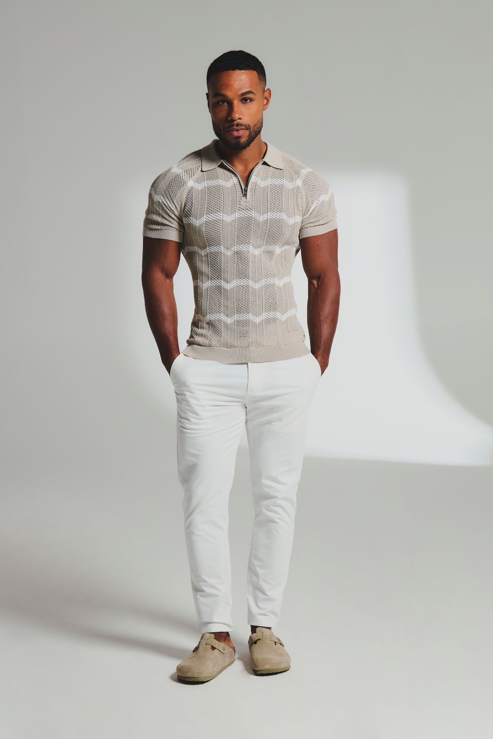 Chevron Textured Knitted Zip Neck Polo Shirt in Stone and Chalk - TAILORED ATHLETE - USA