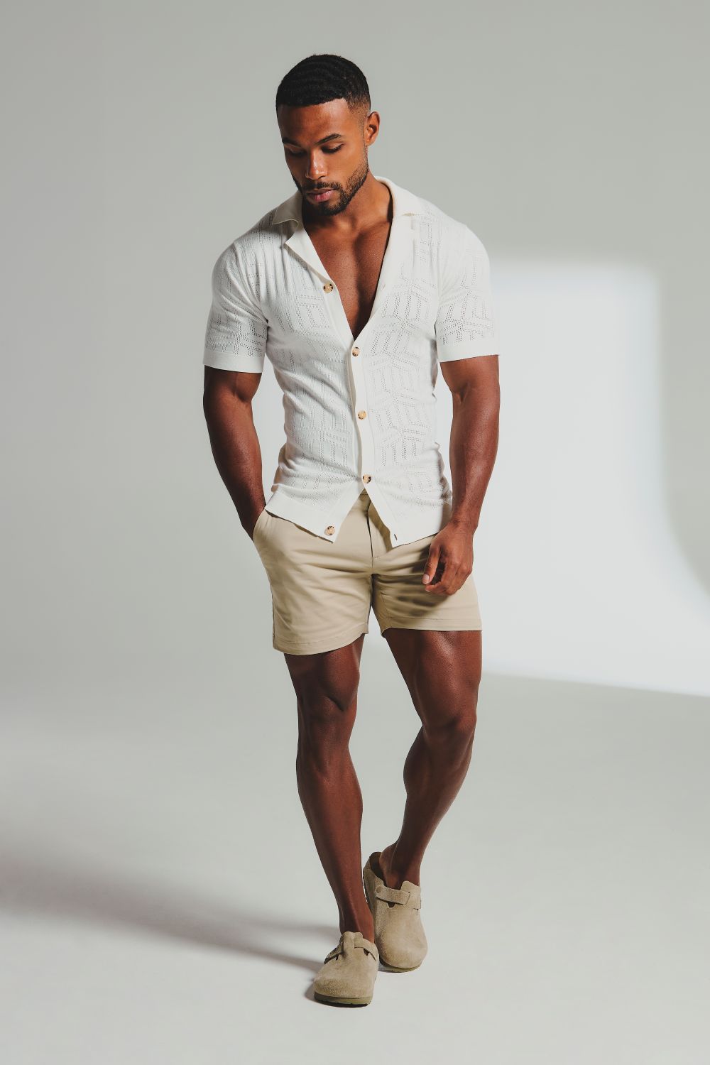 Geo Jacquard Revere Collar Knitted Shirt in White - TAILORED ATHLETE - USA