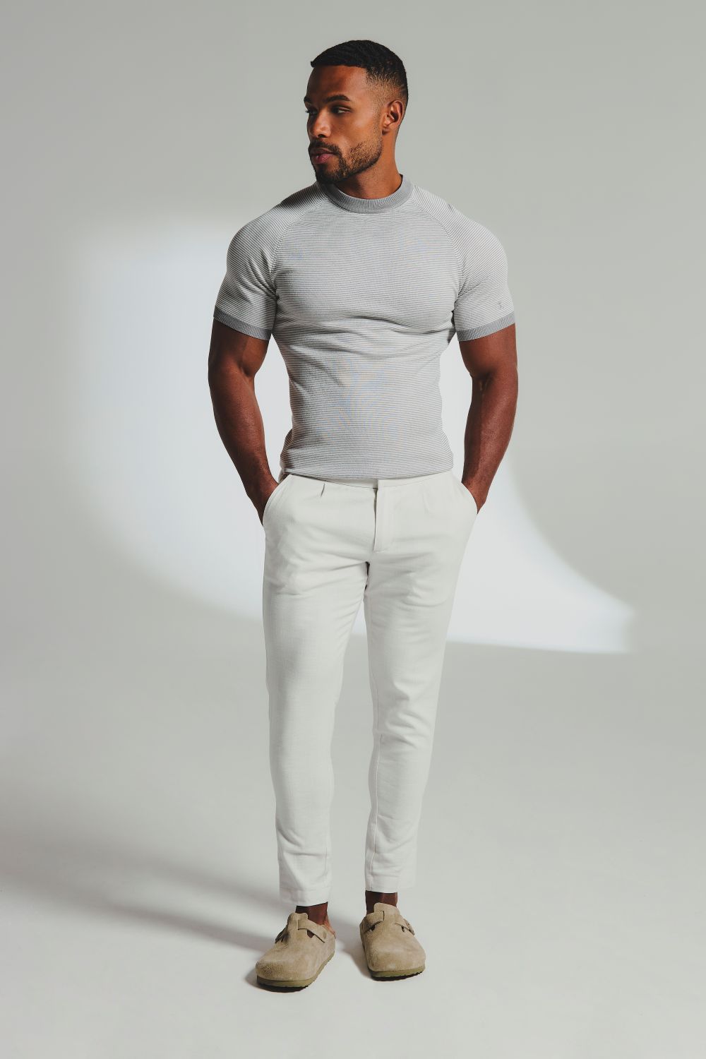 Stripe Knitted T-Shirt in Grey and Off-White - TAILORED ATHLETE - USA