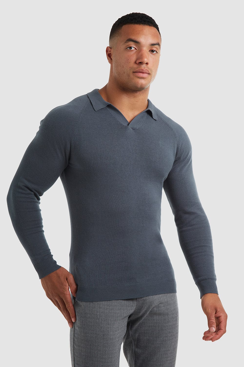 Buttonless Open Collar Polo (LS) in Petrol - TAILORED ATHLETE - USA