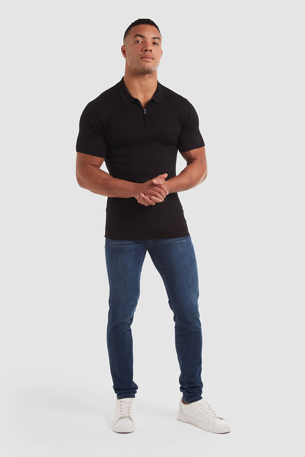 Ribbed Zip Neck Knit Polo in Smoke Grey - TAILORED ATHLETE - USA