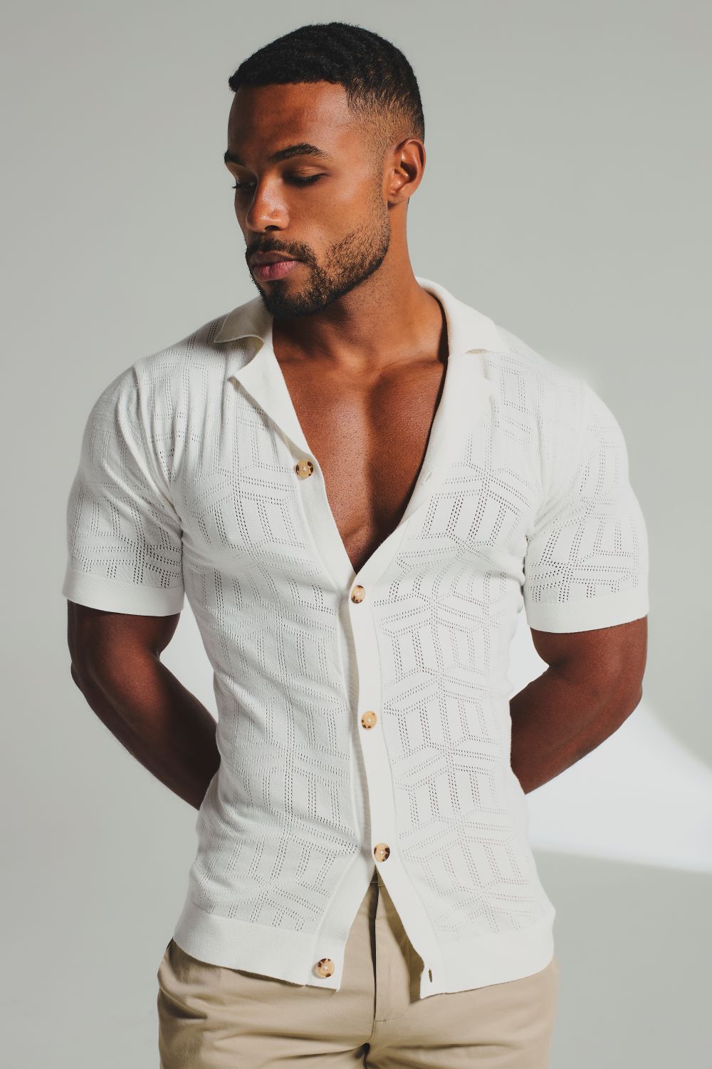 Geo Jacquard Revere Collar Knitted Shirt in White - TAILORED ATHLETE - USA