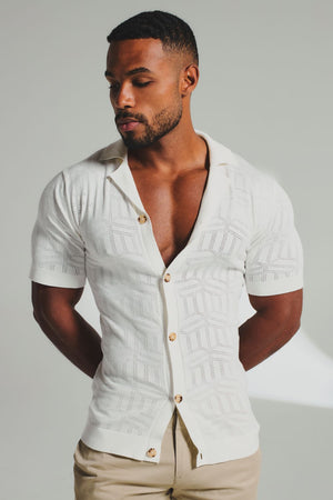 Geo Jacquard Revere Collar Knitted Shirt in White - TAILORED ATHLETE - USA