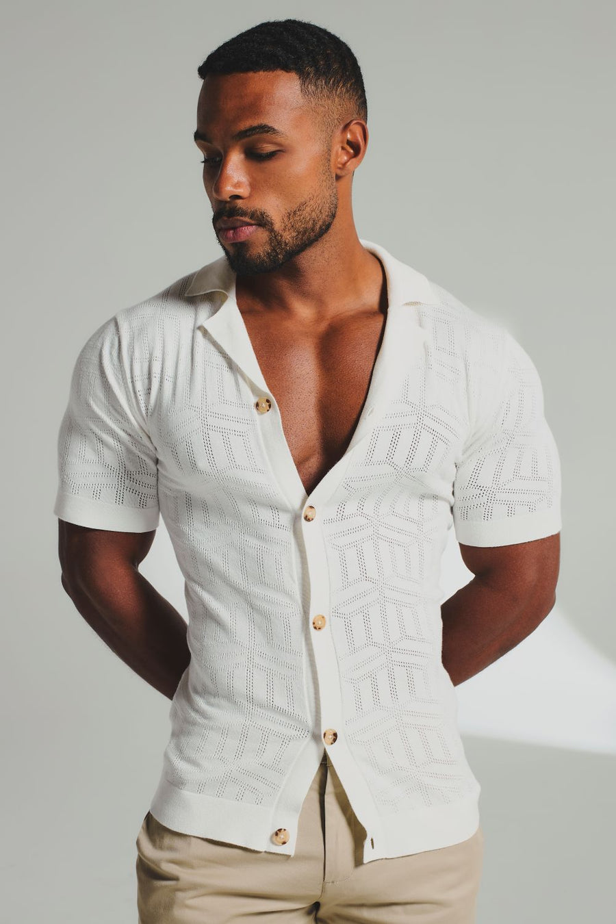 Geo Jacquard Revere Collar Knitted Shirt in White - TAILORED ATHLETE - USA