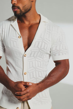 Geo Jacquard Revere Collar Knitted Shirt in White - TAILORED ATHLETE - USA