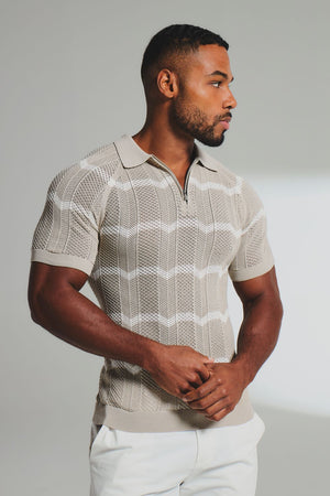 Chevron Textured Knitted Zip Neck Polo Shirt in Stone and Chalk - TAILORED ATHLETE - USA