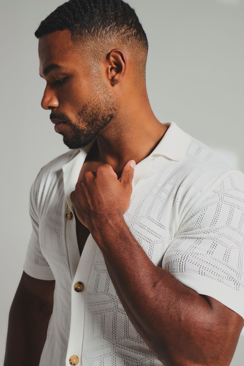 Geo Jacquard Revere Collar Knitted Shirt in White - TAILORED ATHLETE - USA