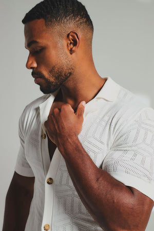Geo Jacquard Revere Collar Knitted Shirt in White - TAILORED ATHLETE - USA