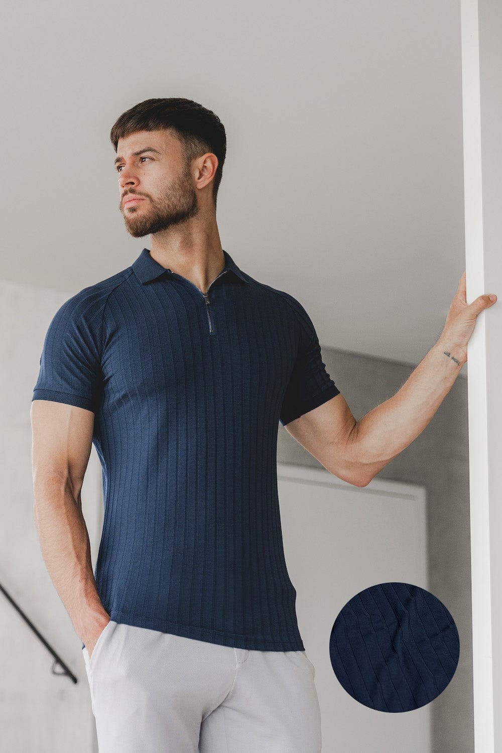 Ribbed Zip Neck Polo in Navy - TAILORED ATHLETE - USA