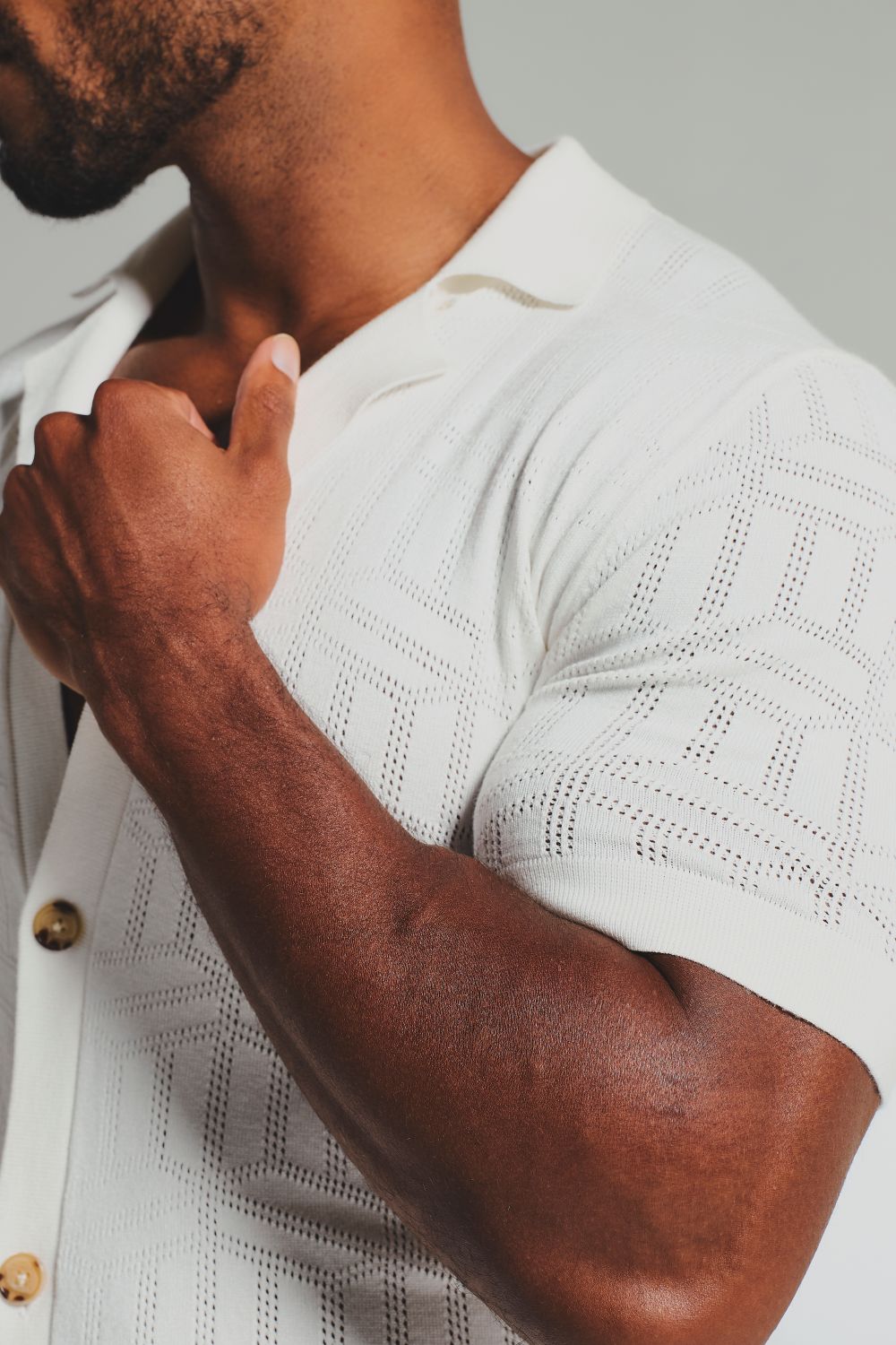 Geo Jacquard Revere Collar Knitted Shirt in White - TAILORED ATHLETE - USA