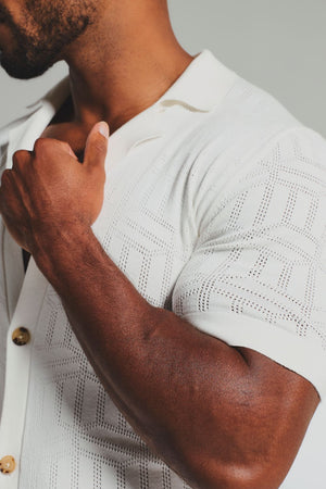 Geo Jacquard Revere Collar Knitted Shirt in White - TAILORED ATHLETE - USA