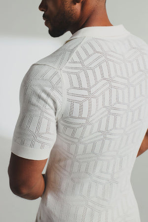 Geo Jacquard Revere Collar Knitted Shirt in White - TAILORED ATHLETE - USA