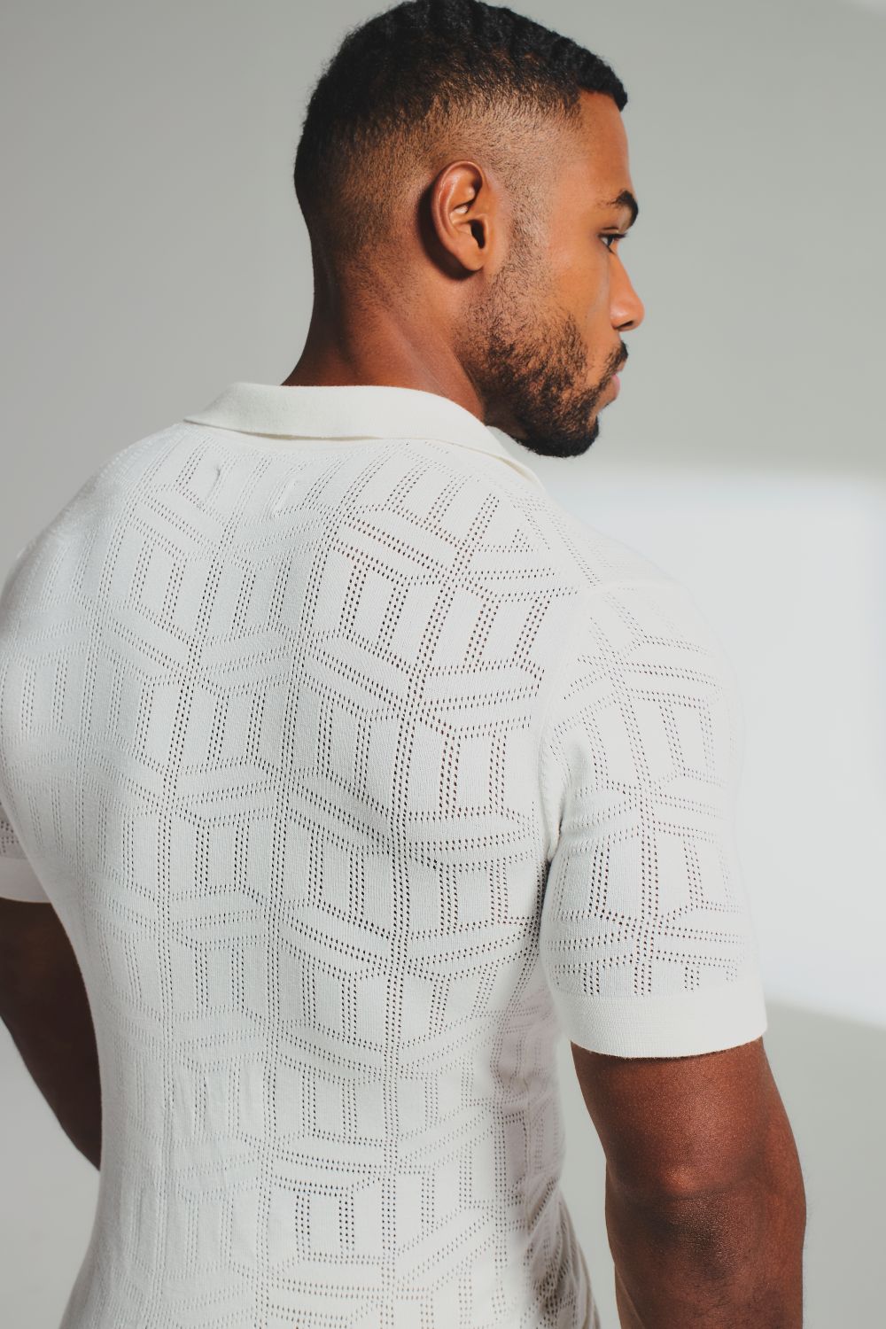 Geo Jacquard Revere Collar Knitted Shirt in White - TAILORED ATHLETE - USA
