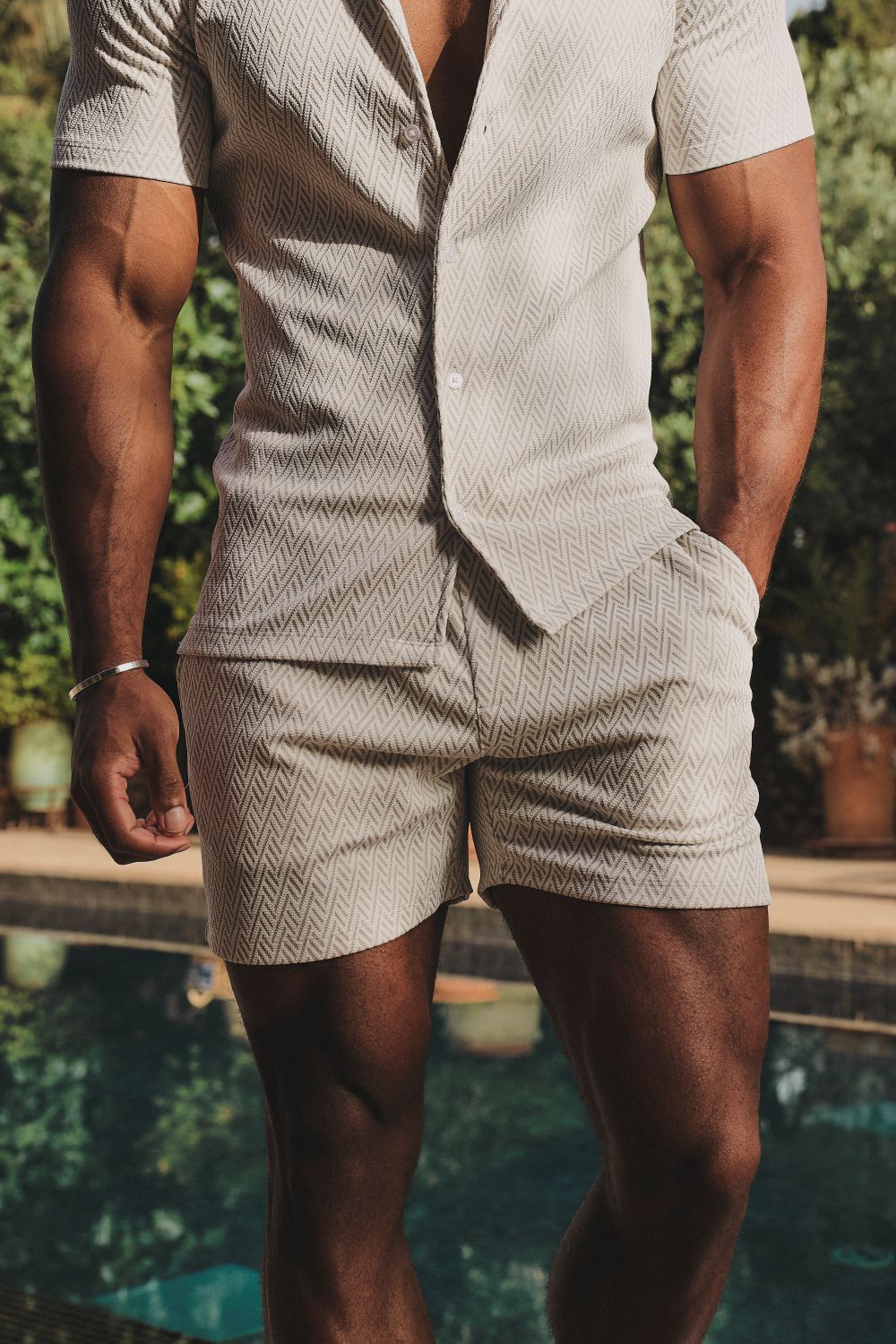 Textured Geo Jersey Shorts in Stone & White - TAILORED ATHLETE - USA