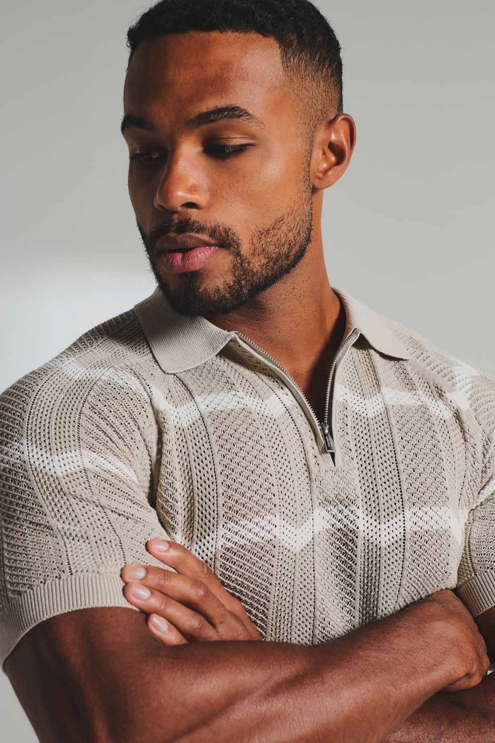 Chevron Textured Knitted Zip Neck Polo Shirt in Stone and Chalk - TAILORED ATHLETE - USA