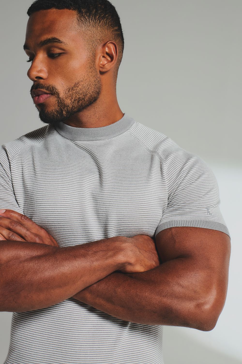 Stripe Knitted T-Shirt in Grey and Off-White - TAILORED ATHLETE - USA