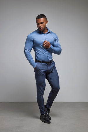 blue dress shirt gray pants Athletic Fit Stretch Suit Men Elegant Navy Blue Shirt