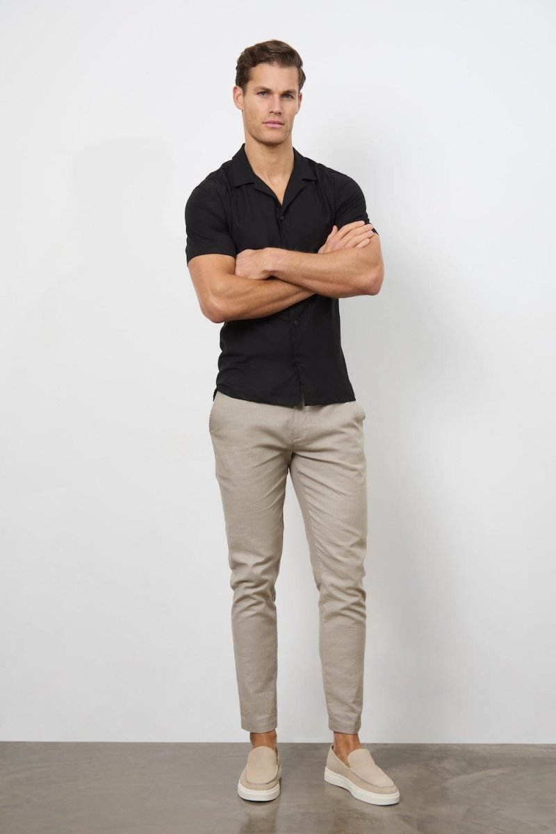 Stretch Linen Blend Cuban Collar Shirt in Black - TAILORED ATHLETE - USA