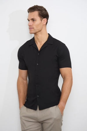 Stretch Linen Blend Cuban Collar Shirt in Black - TAILORED ATHLETE - USA