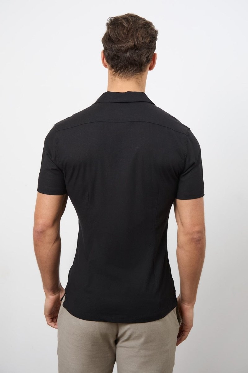 Stretch Linen Blend Cuban Collar Shirt in Black - TAILORED ATHLETE - USA