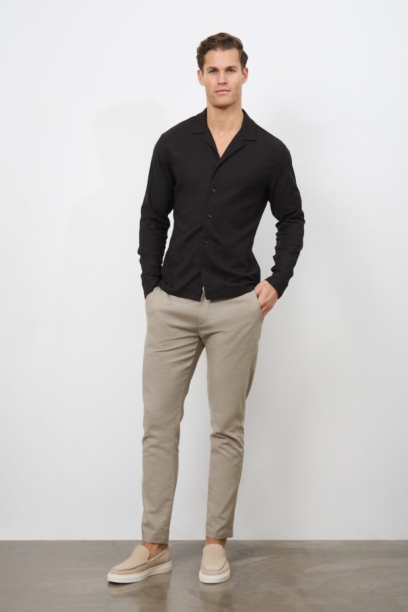 Linen Blend Cuban Collar Shirt in Black - TAILORED ATHLETE - USA