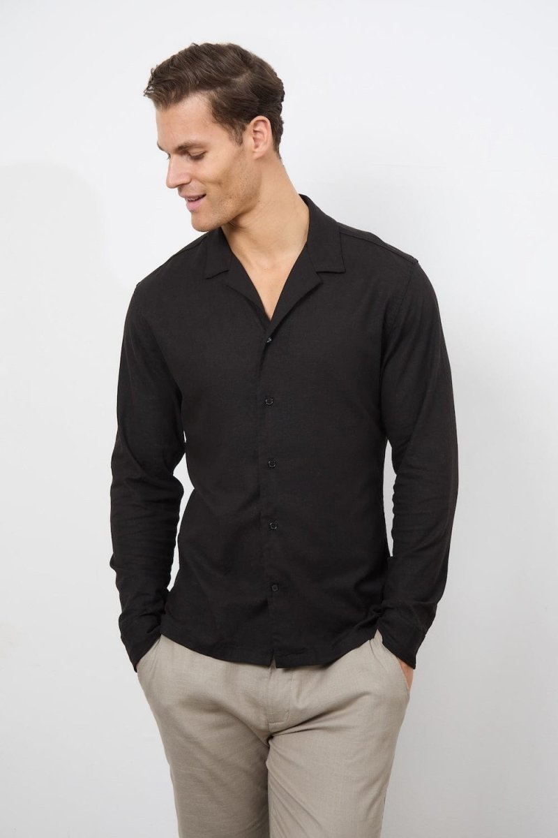 Stretch Linen Blend Cuban Collar Shirt in Black S