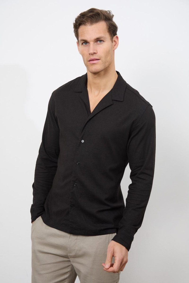 Linen Blend Cuban Collar Shirt in Black - TAILORED ATHLETE - USA