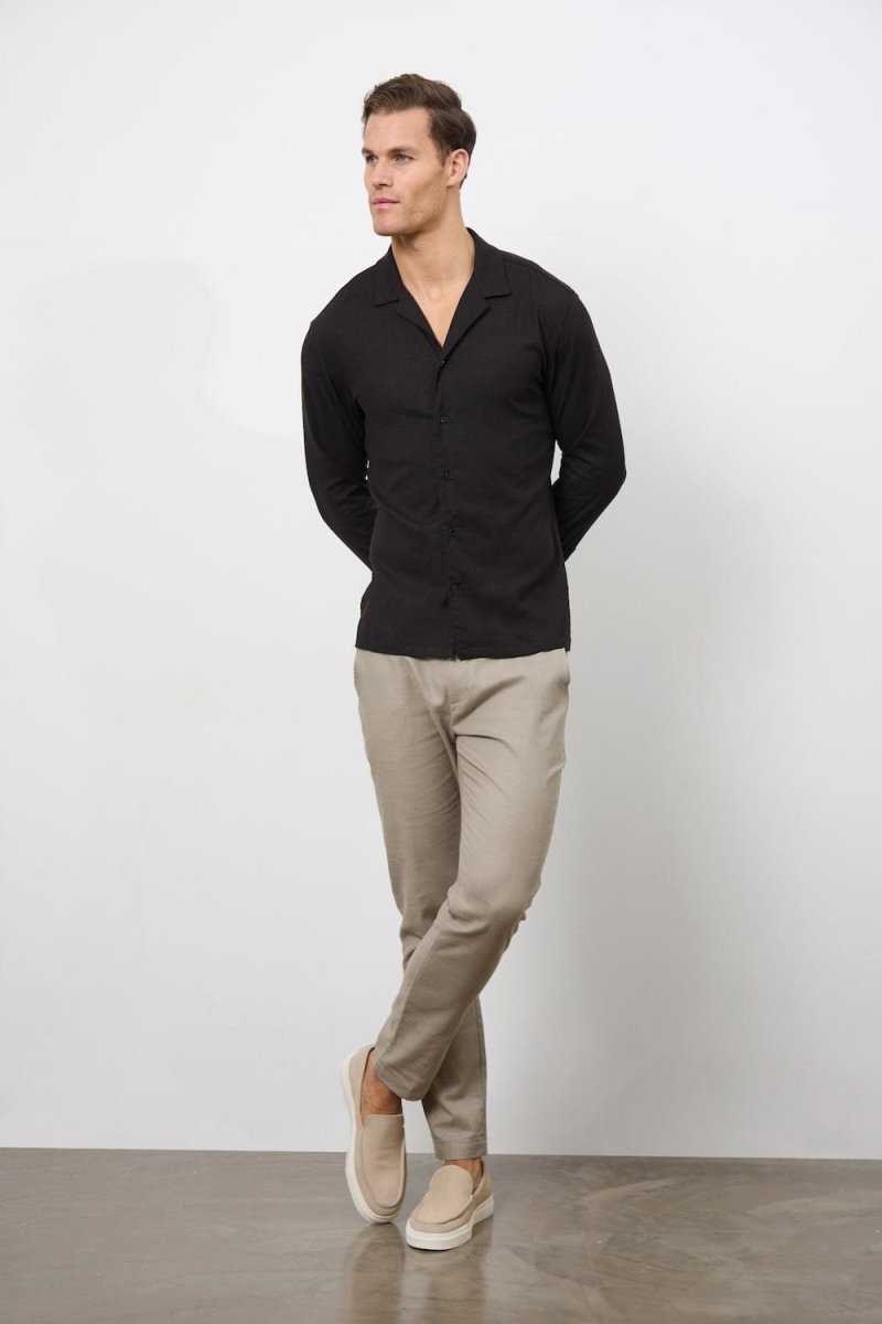 Stretch Linen Blend Cuban Collar Shirt in Black S