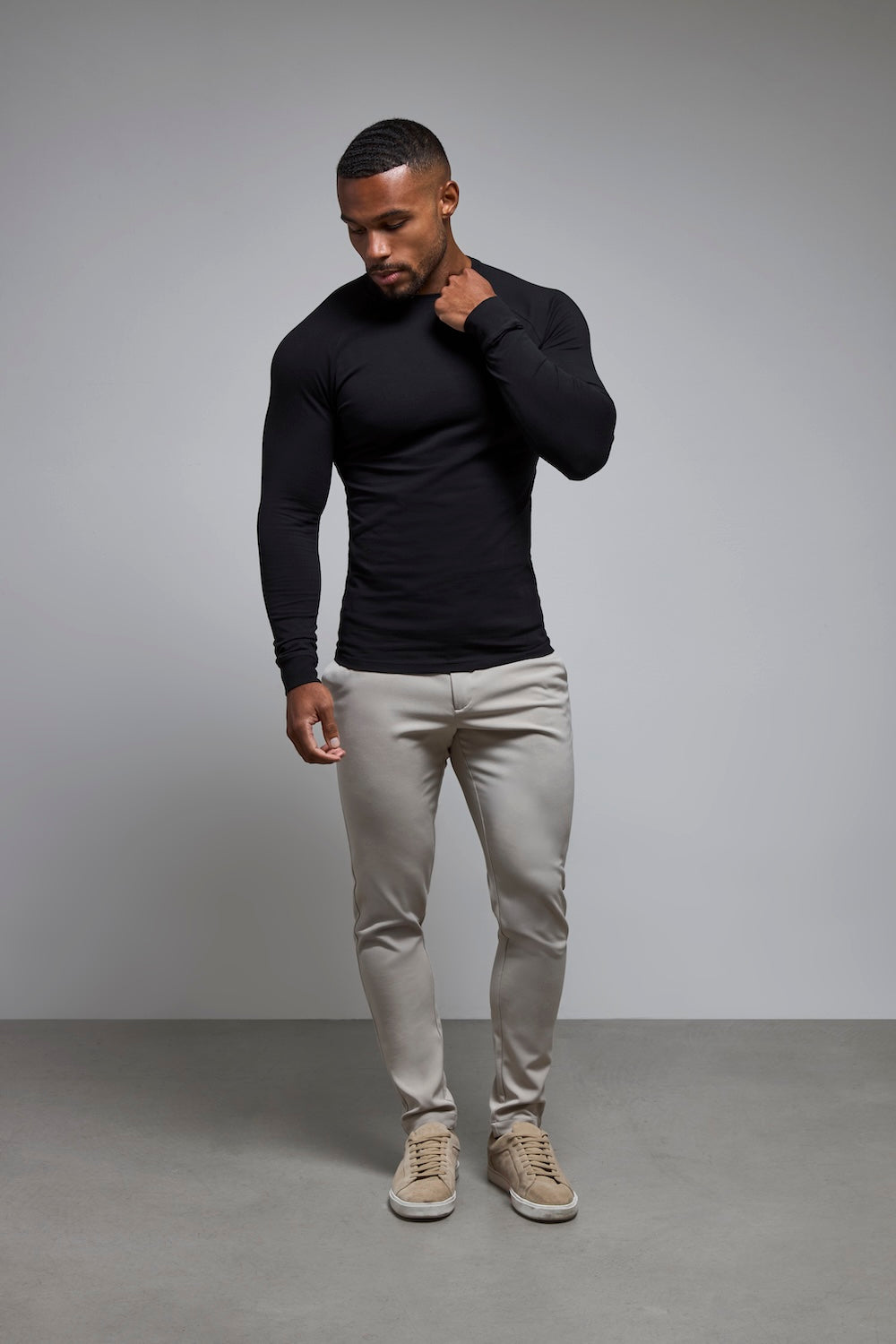 Athletic Fit 3 Pack Long Sleeve T-Shirt in Black, Navy & Khaki