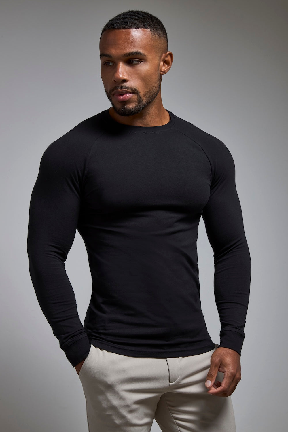 Athletic Fit 3 Pack Long Sleeve T-Shirt in Black, Navy & Khaki
