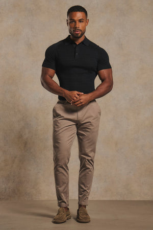 Mercerised Cotton Textured Knitted Polo Shirt in Black