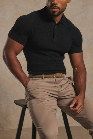 Mercerised Cotton Textured Knitted Polo Shirt in Black