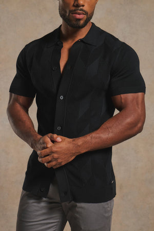 Mercerised Cotton Textured Knitted Shirt in Black