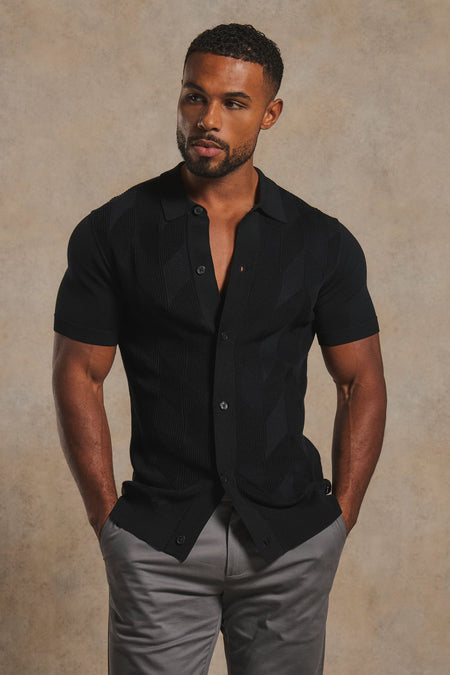 Mercerised Cotton Textured Knitted Shirt in Black