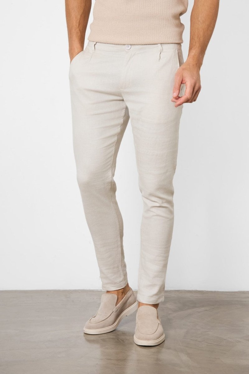Stretch Linen Blend Single Pleated Trousers in Stone - TAILORED ATHLETE - USA