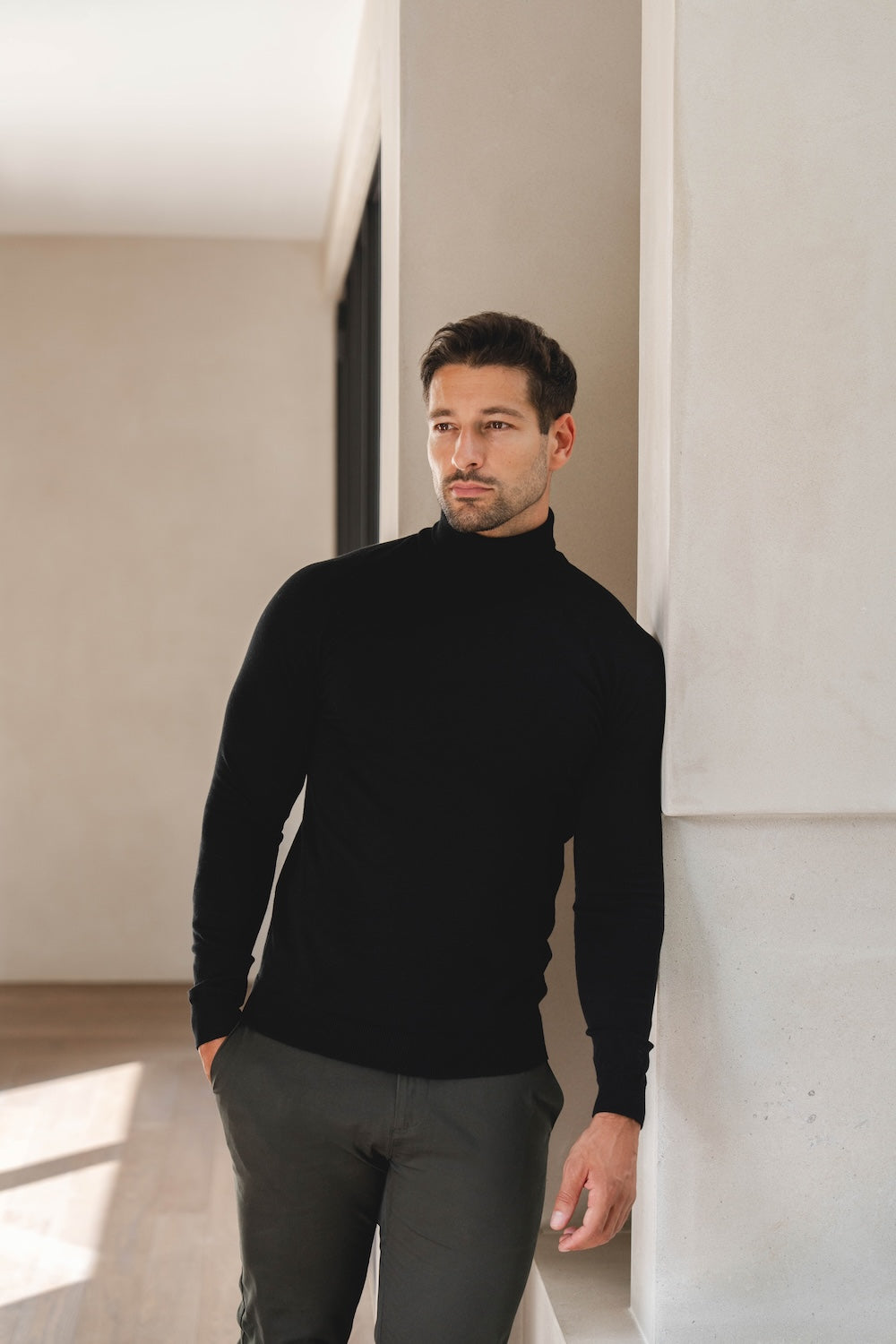 Cotton Blend Roll Neck Sweater in Black - TAILORED ATHLETE - USA