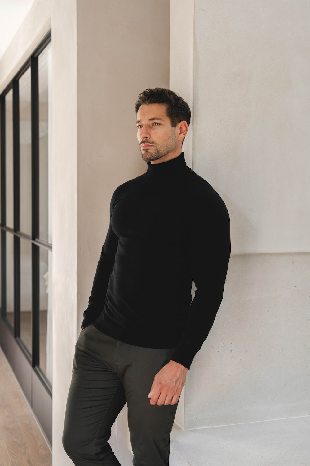 Cotton Blend Roll Neck Sweater in Black - TAILORED ATHLETE - USA