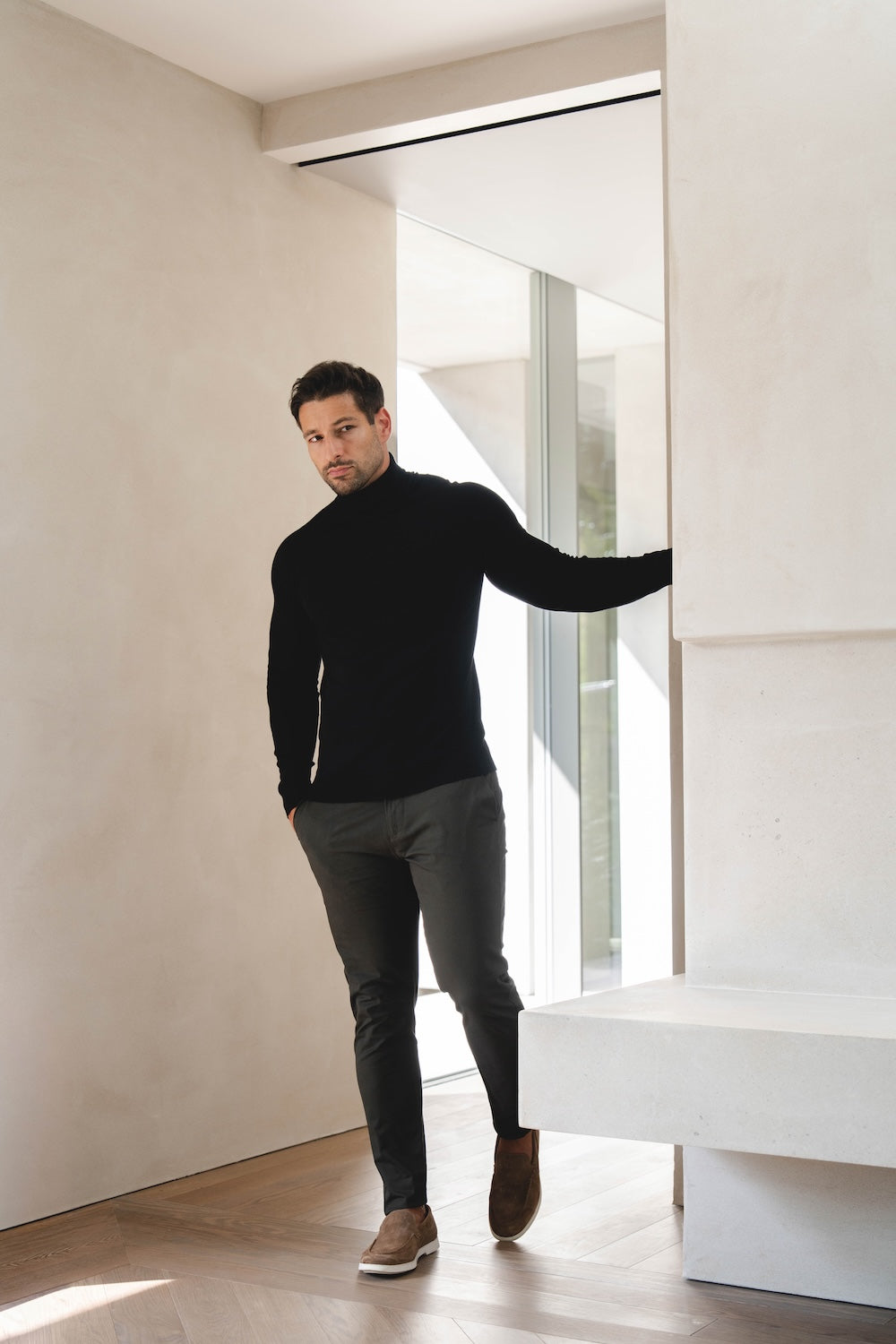 Cotton Blend Roll Neck Sweater in Black - TAILORED ATHLETE - USA