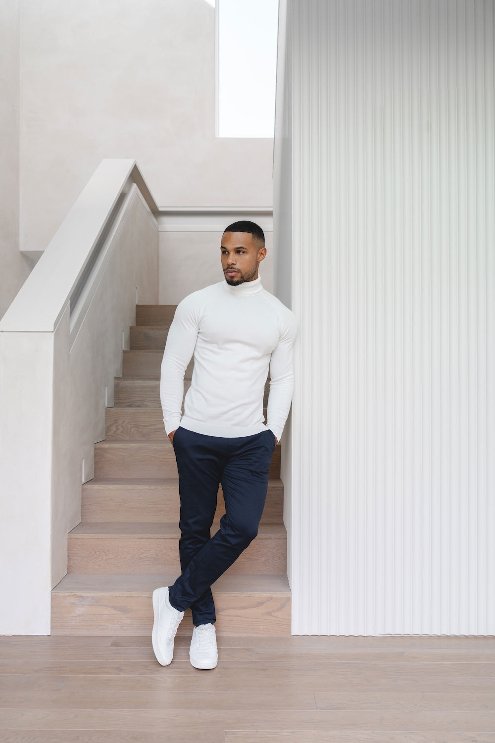 Cotton Blend Roll Neck Sweater in Winter White - TAILORED ATHLETE - USA