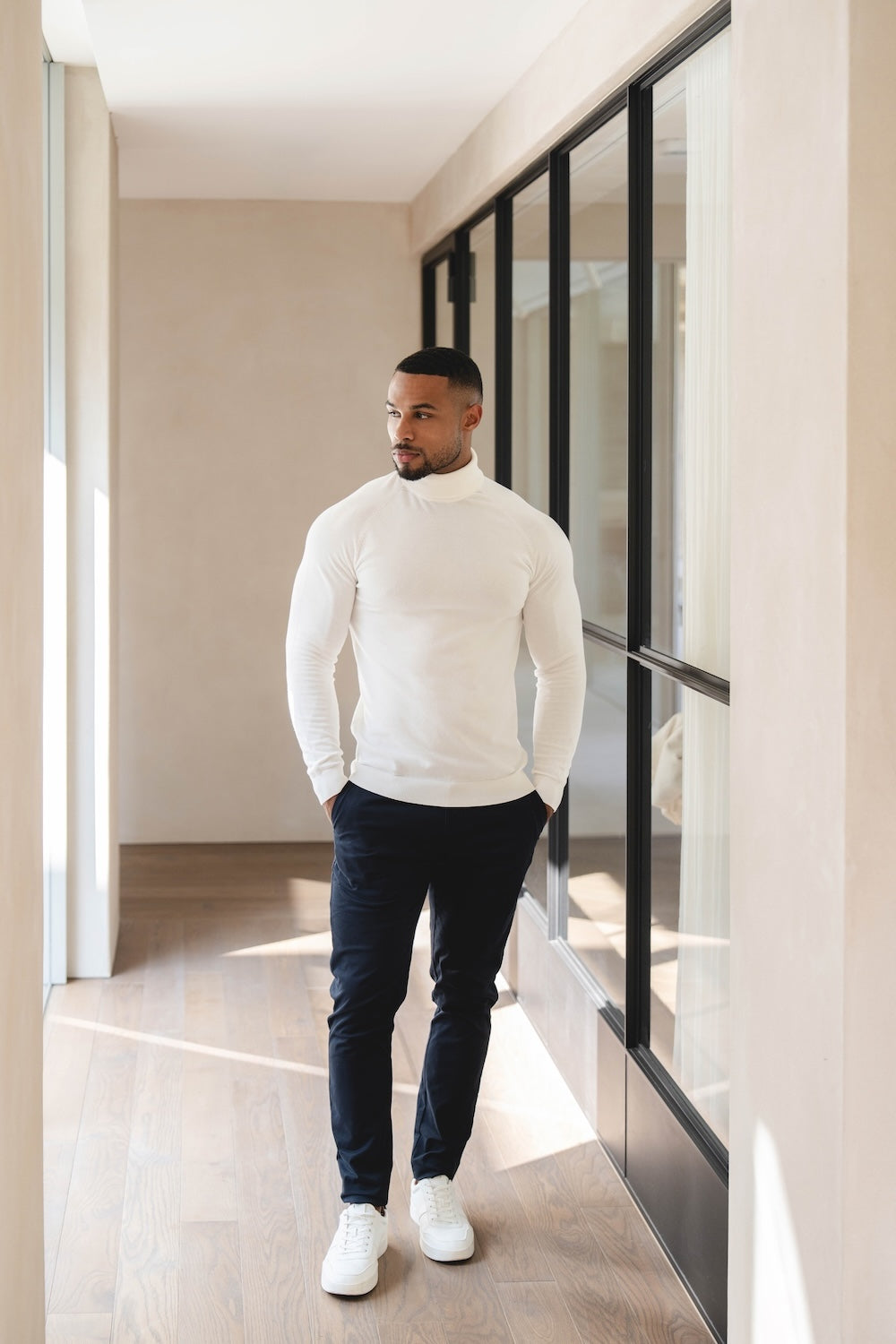 Cotton Blend Roll Neck Sweater in Winter White - TAILORED ATHLETE - USA