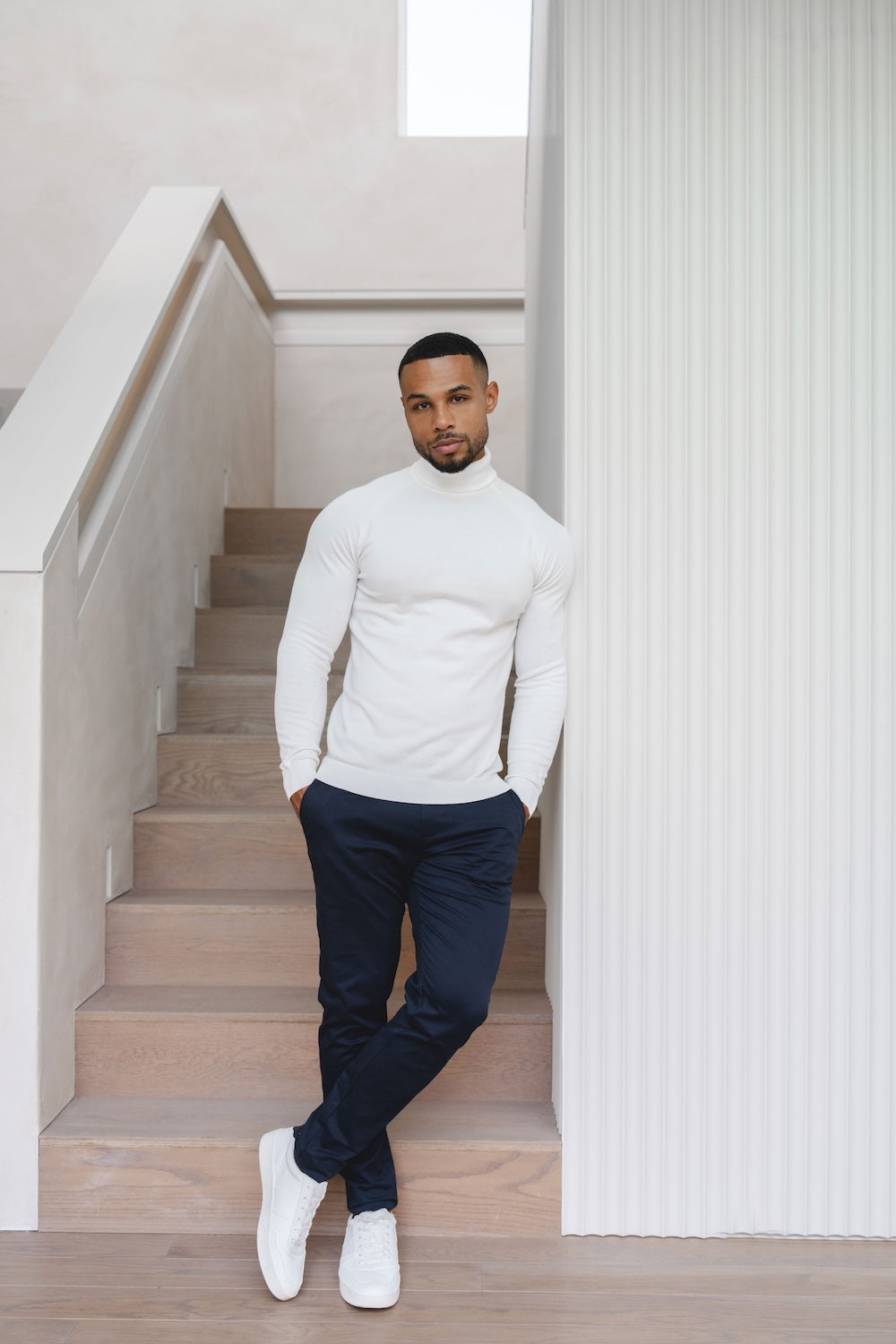 Cotton Blend Roll Neck Sweater in Winter White - TAILORED ATHLETE - USA