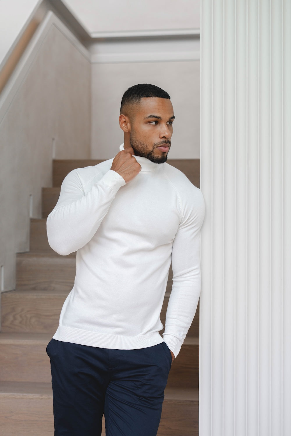 Cotton Blend Roll Neck Sweater in Winter White - TAILORED ATHLETE - USA