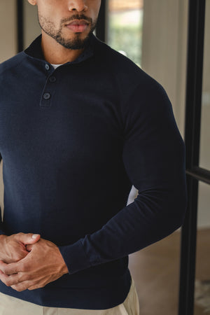 Pure Cotton Knitted Button Neck Sweater in Navy - TAILORED ATHLETE - USA