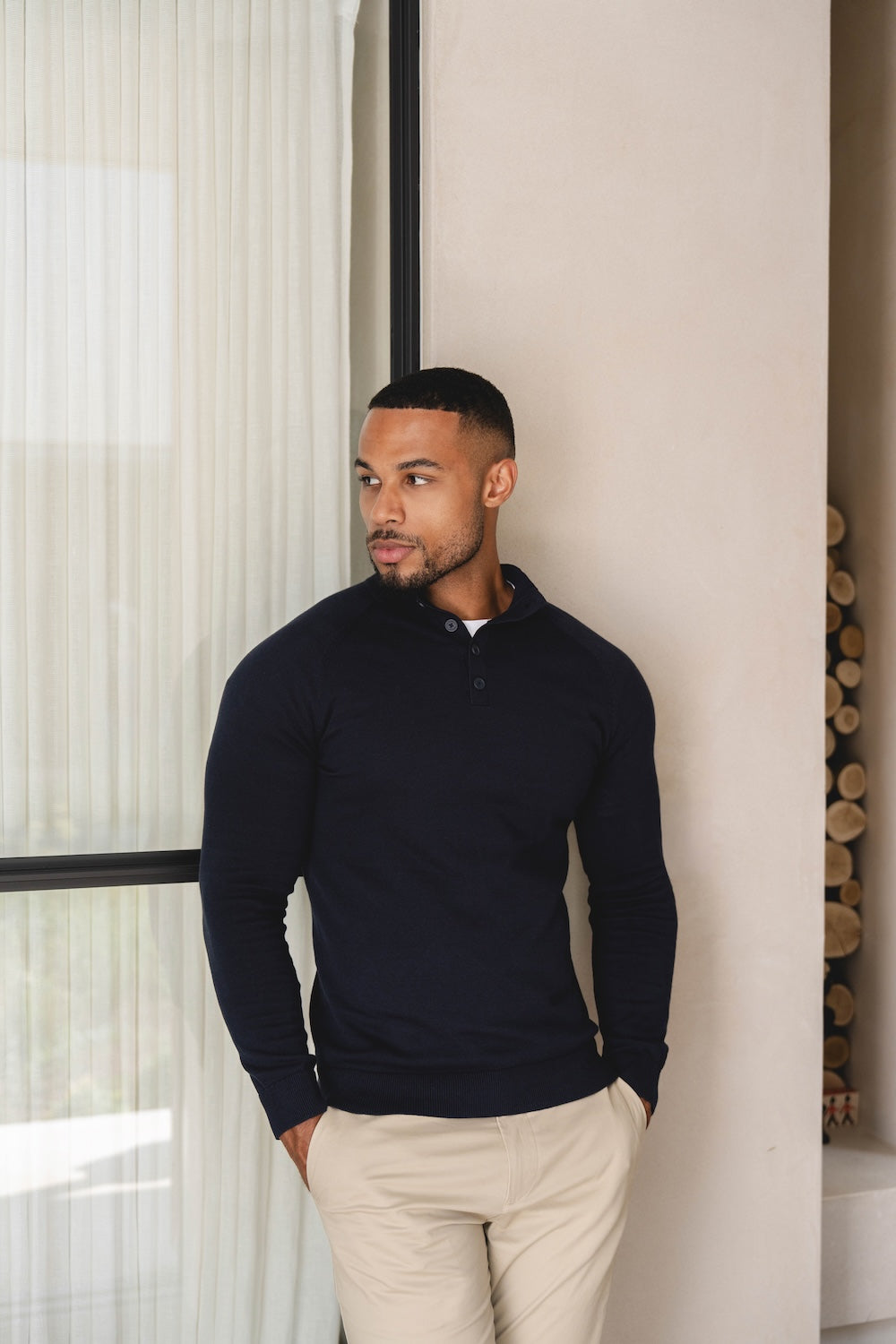 Pure Cotton Knitted Button Neck Sweater in Navy - TAILORED ATHLETE - USA