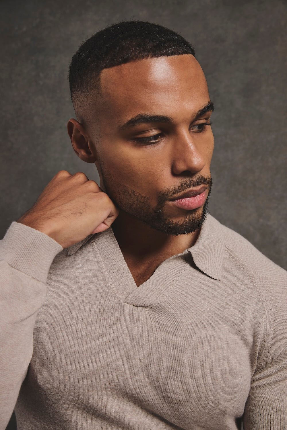 Pure Cotton Knitted Open Collar Polo Shirt in Neutral Marl - TAILORED ATHLETE - USA